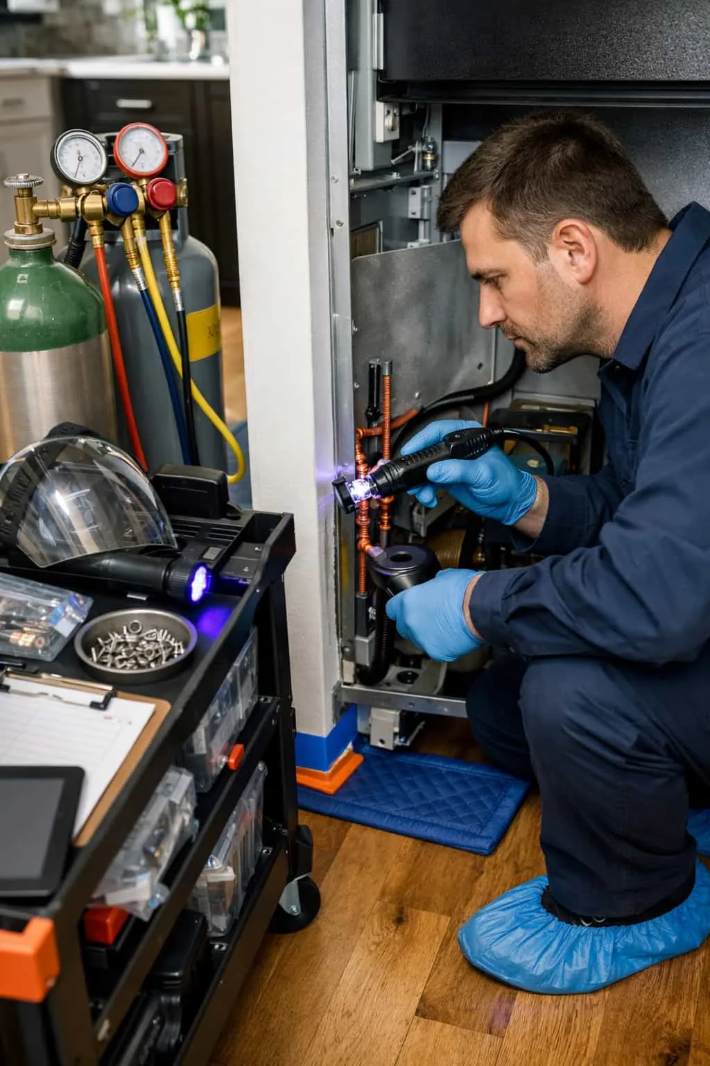 Senior technician leak-testing the sealed system of an open built-in Sub-Zero on a metro Denver service call