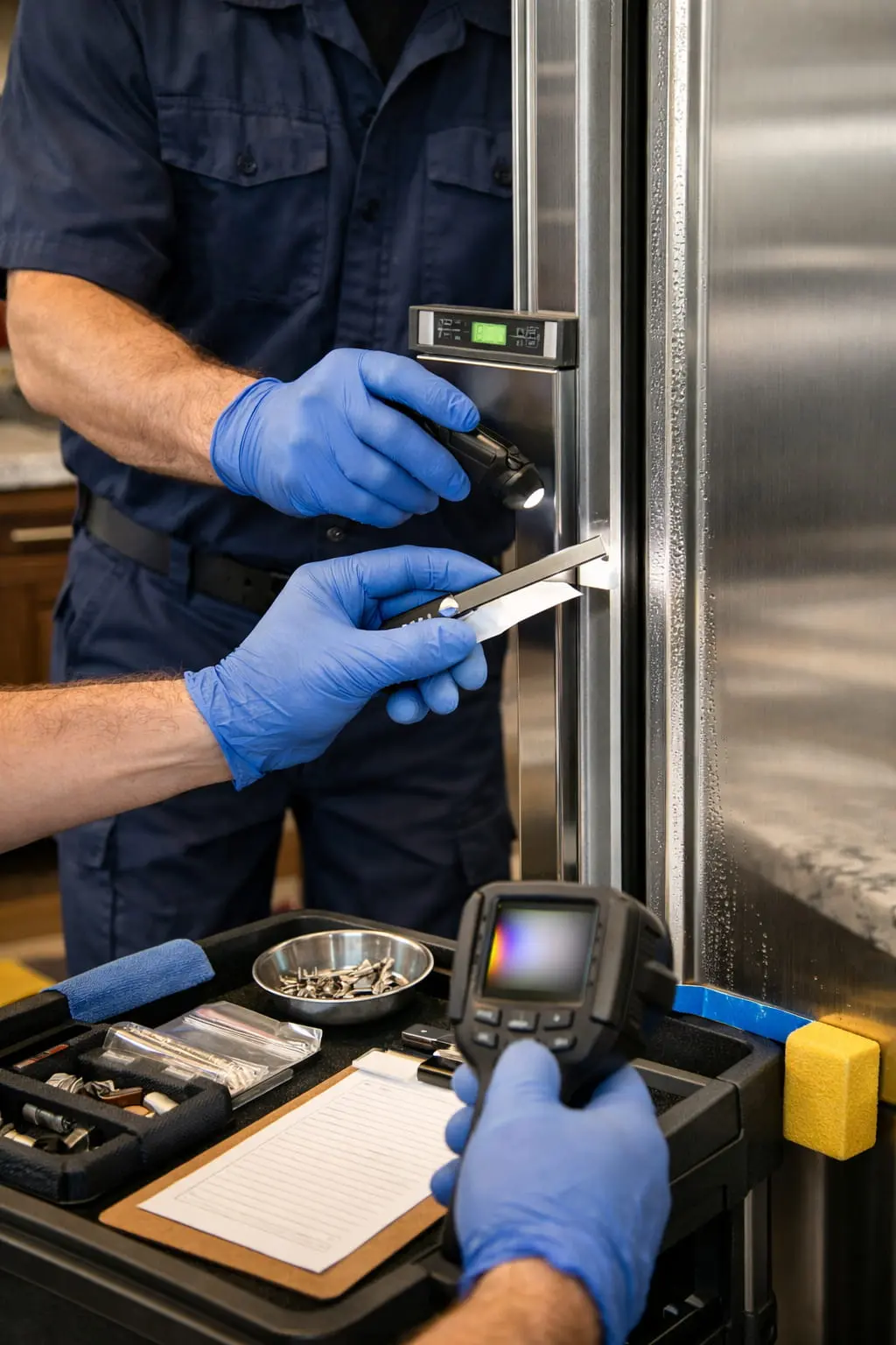 Close-up of a senior technician diagnosing a built-in appliance